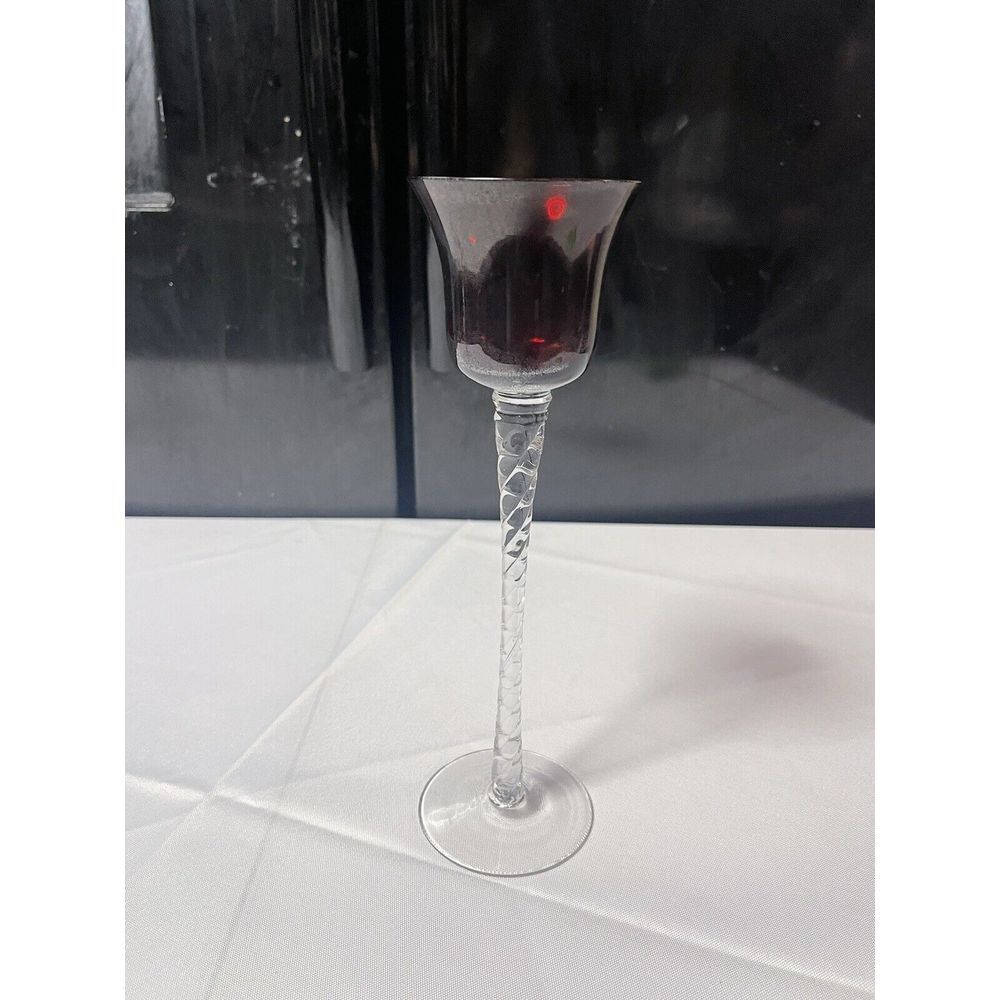 1 Crystal Red Cobalt Candle Holders Glass Stem Vintage Romania